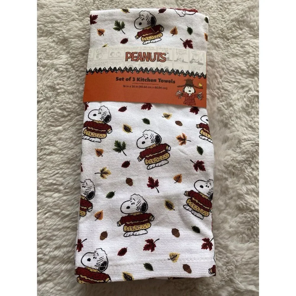 3 Pack Peanuts Snoopy Chunky‎ Sweater Fall Autumn Leaves Kitchen Towels 16 X 26”